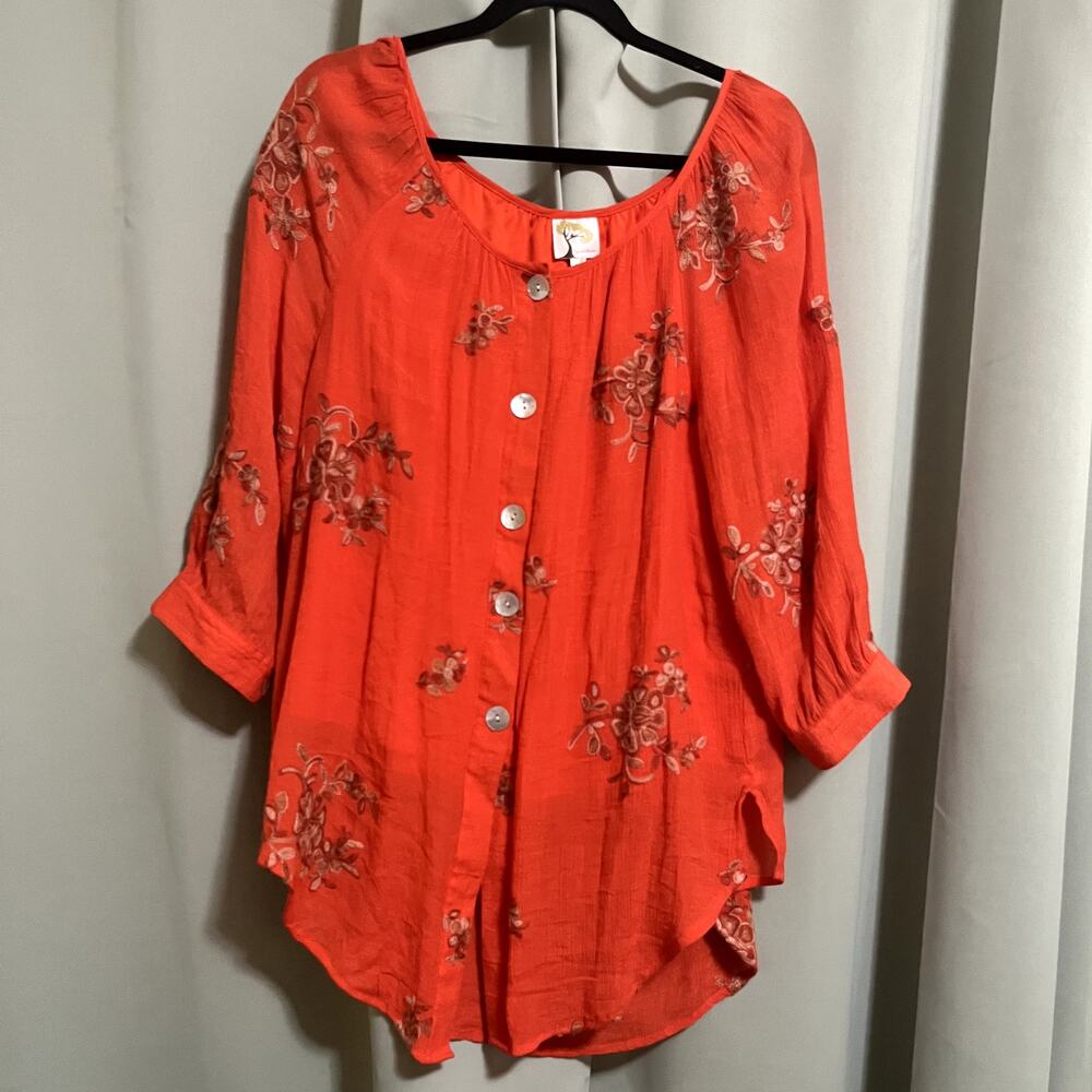 Fig and Flower Vibrant Orange Floral Embroidered Peasant Blouse